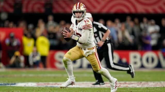 San Francisco 49ers quarterback Brock Purdy (13) scrambles against the Kansas City Chiefs in overtime of the NFL Super Bowl 58 football game Sunday, Feb. 11, 2024, in Las Vegas. (Steve Luciano/AP Photo)