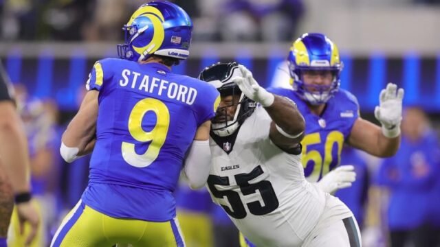 Philadelphia Eagles defensive end Brandon Graham (55) sacks Los Angeles Rams quarterback Matthew Stafford (9) during the first half of an NFL game in Inglewood, Calif., Sunday, Nov. 24, 2024. (AP/Ryan Sun)