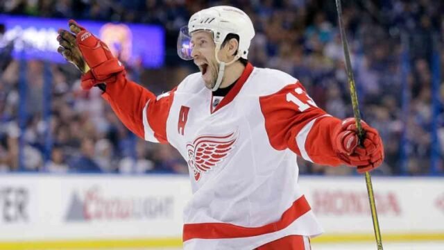 Detroit Red Wings centre Pavel Datsyuk, of Russia, celebrates his goal against the Tampa Bay Lightning during the third period of Game 5 of a first-round NHL Stanley Cup hockey playoff series Saturday, April 25, 2015, in Tampa, Fla. The Red Wings won 4-0, and lead the series 3-2. (Chris O