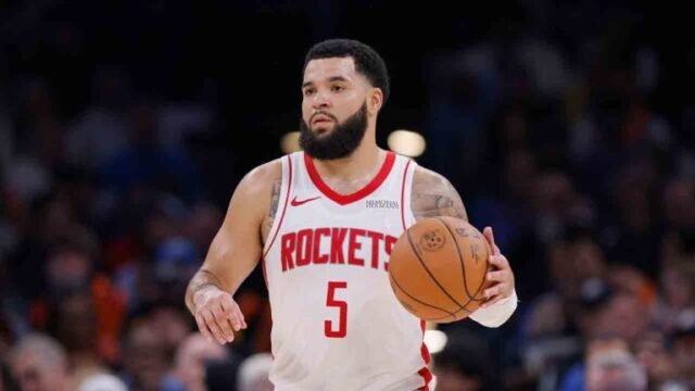 Houston Rockets guard Fred VanVleet dribbles during the second half of an NBA basketball game against the Oklahoma City Thunder, Friday, Nov. 8, 2024, in Oklahoma City. (Nate Billings/AP)