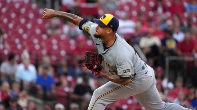 Milwaukee Brewers starting pitcher Frankie Montas throws during the first inning of a baseball game against the St. Louis Cardinals Tuesday, Aug. 20, 2024, in St. Louis. (Jeff Roberson/AP)