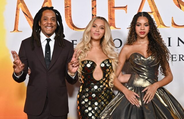 US rapper Jay-Z, singer-songwriter Beyonce and their daughter Blue Ivy Carter attend the world premiere of Disney